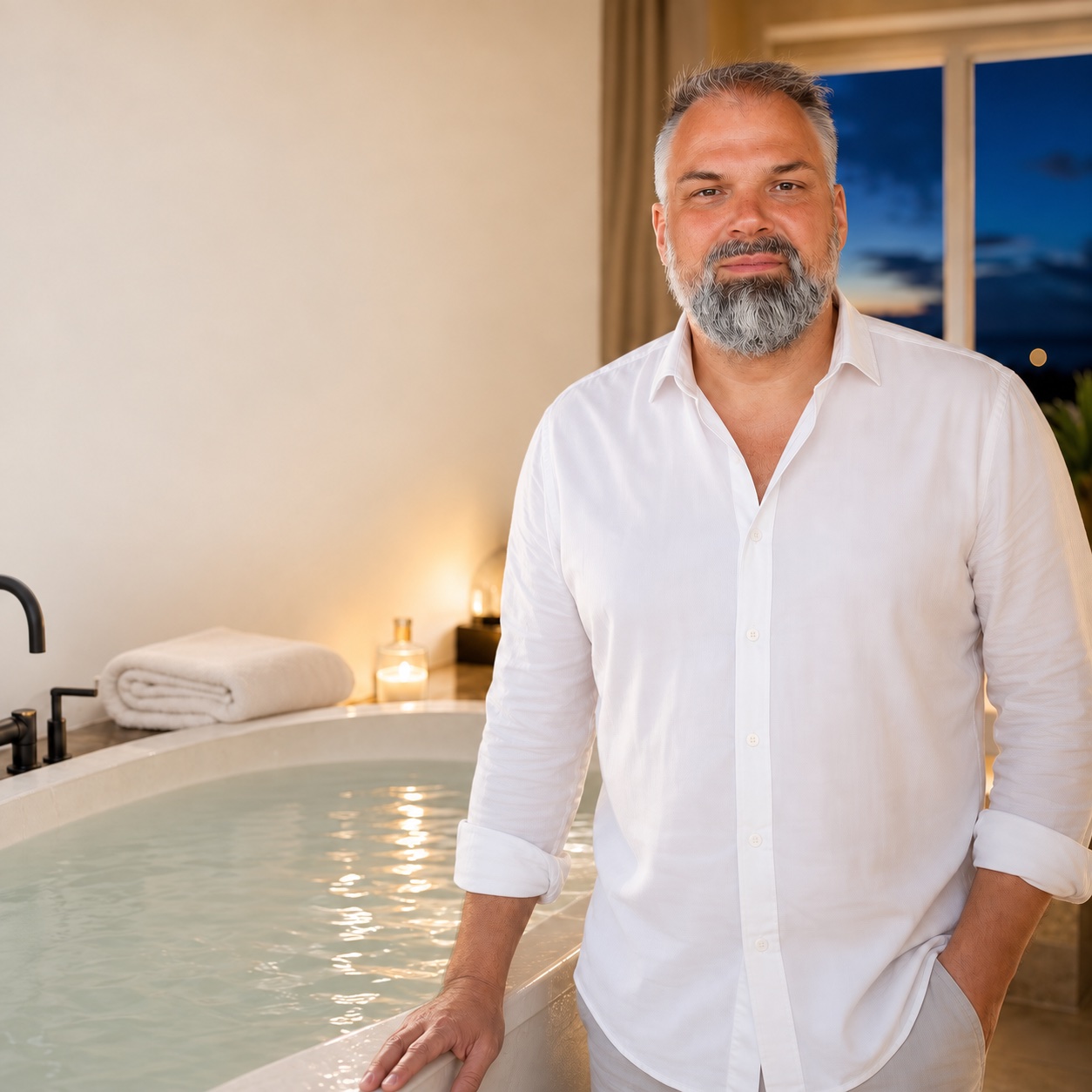 Gunther Stange neben einer gef&uuml;llten Badewanne